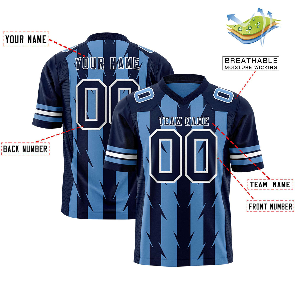 Custom Light Blue Navy Personalized Razr Stripe Graffiti Pattern Authentic American Football Jersey