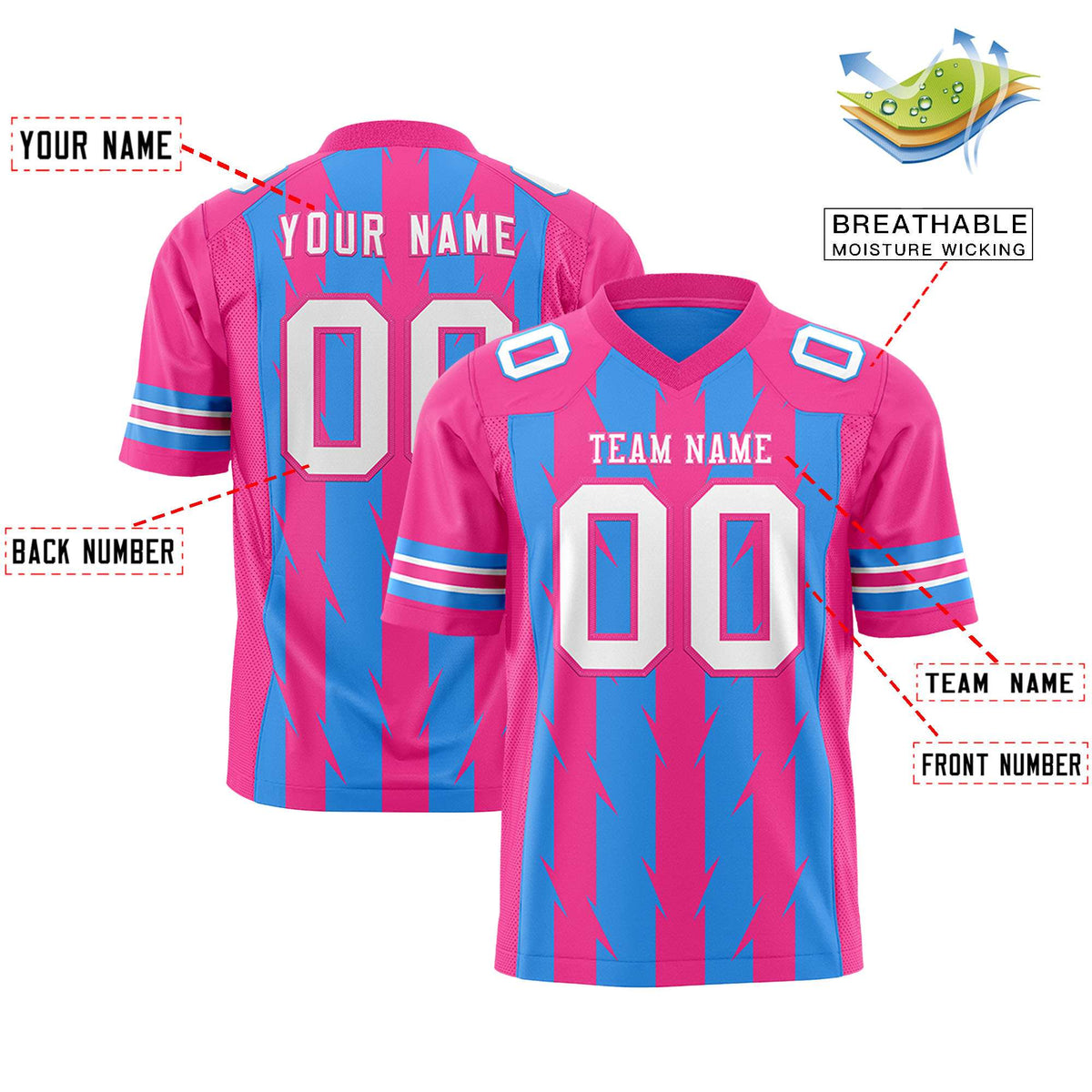 Custom Powder Blue Pink Personalized Razr Stripe Graffiti Pattern Authentic American Football Jersey