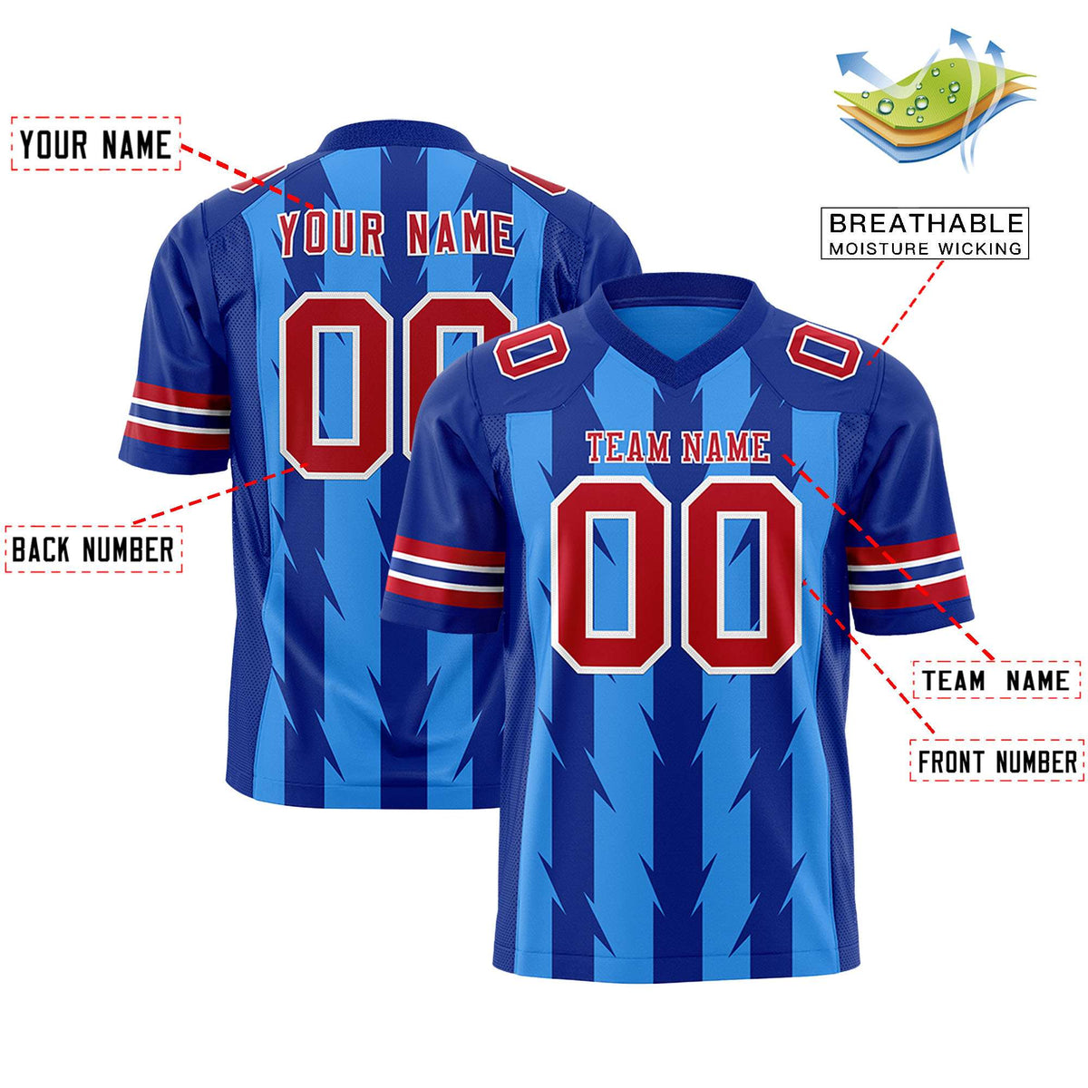 Custom Powder Blue Royal Personalized Razr Stripe Graffiti Pattern Authentic American Football Jersey