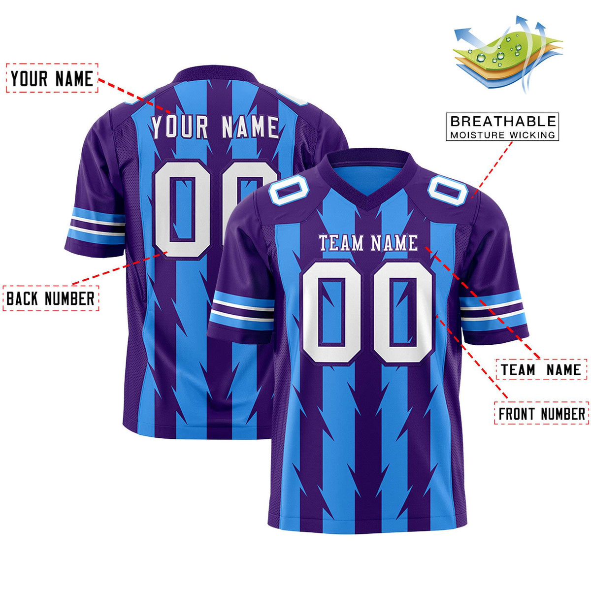Custom Powder Blue Purple Personalized Razr Stripe Graffiti Pattern Authentic American Football Jersey