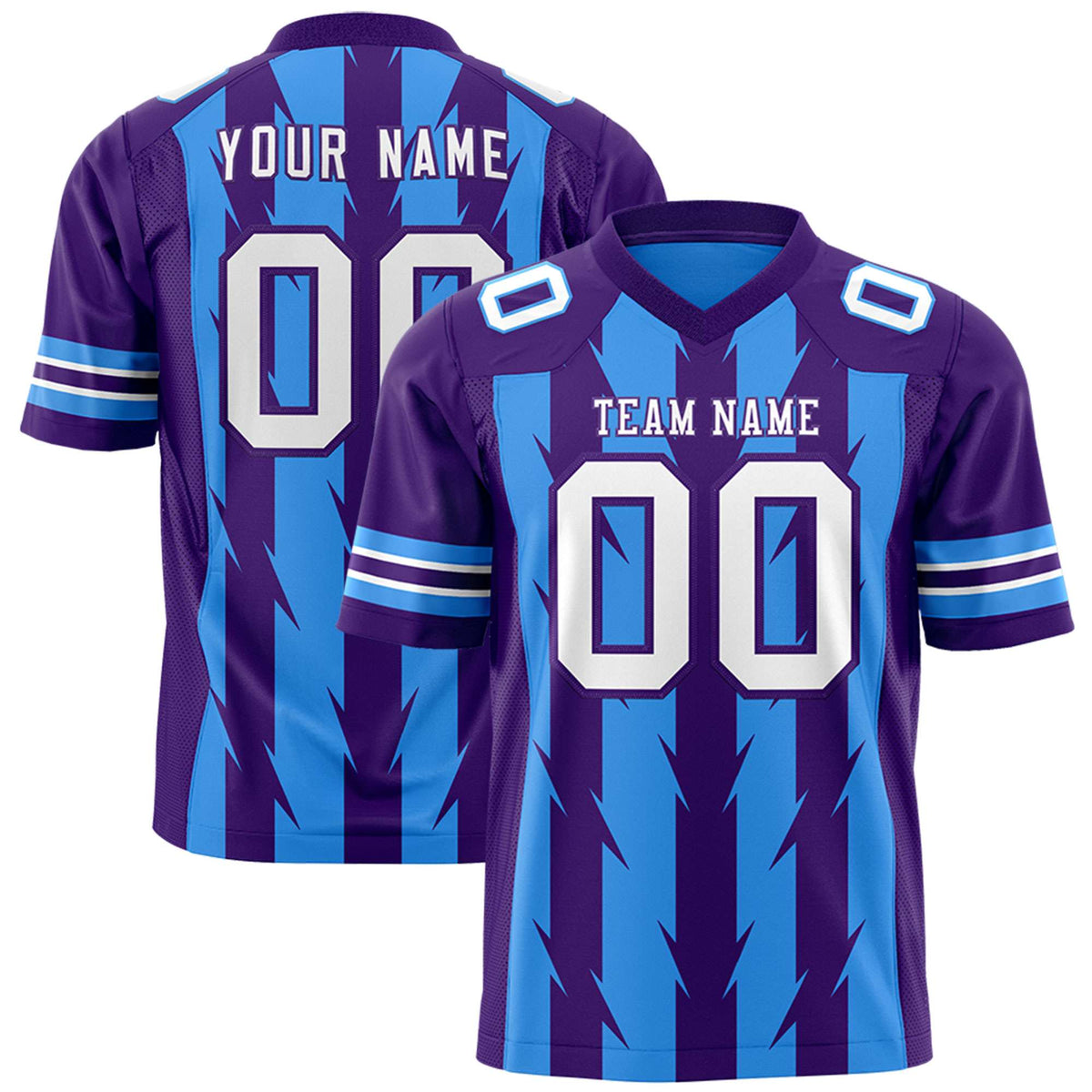 Custom Powder Blue Purple Personalized Razr Stripe Graffiti Pattern Authentic American Football Jersey