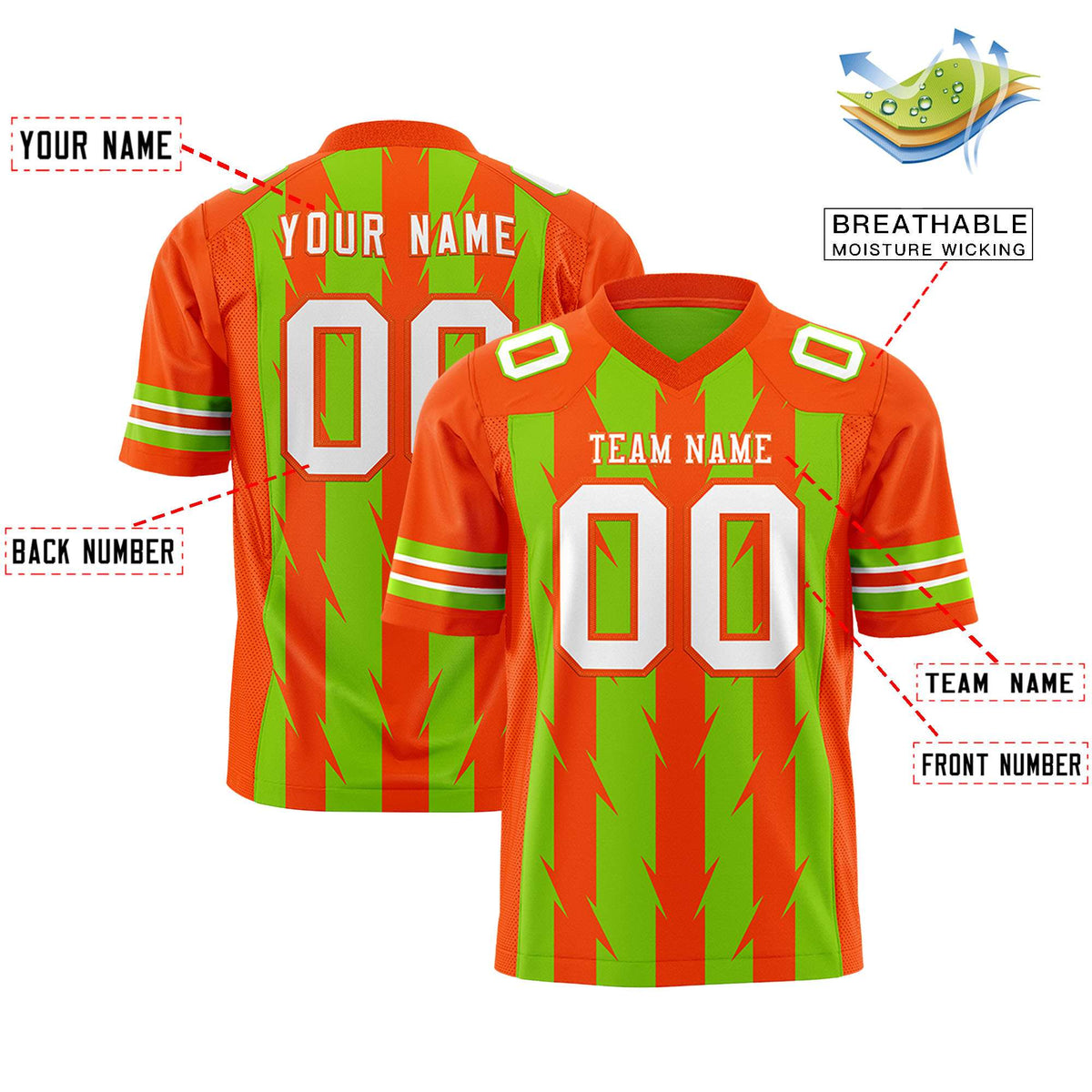 Custom Neon Green Orange Personalized Razr Stripe Graffiti Pattern Authentic American Football Jersey