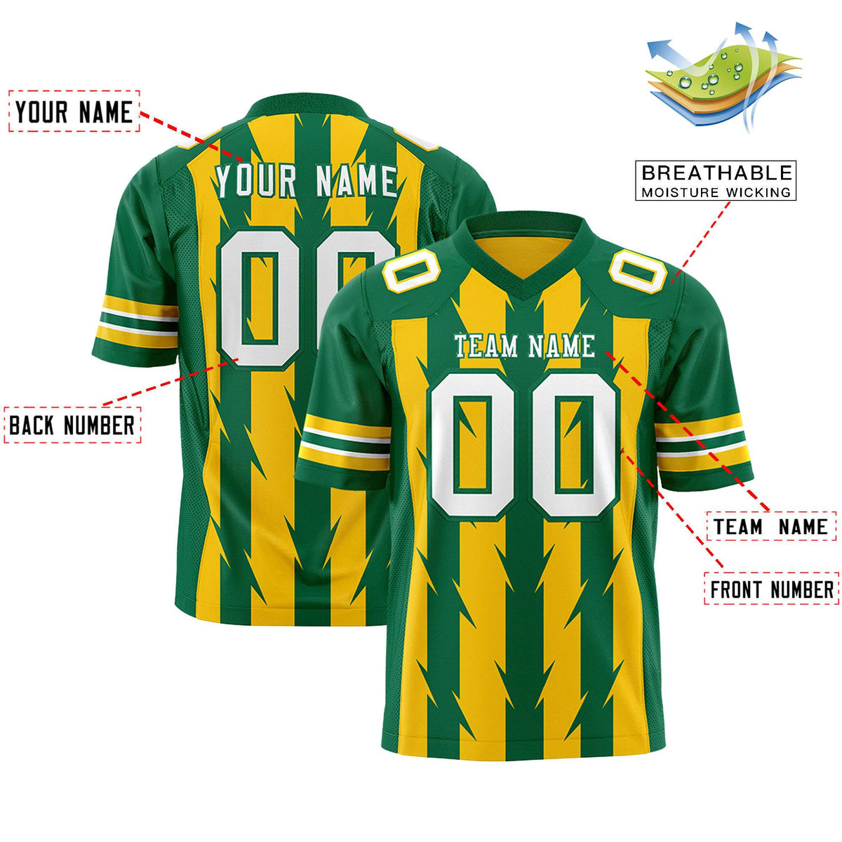 Custom Gold Kelly Green Personalized Razr Stripe Graffiti Pattern Authentic American Football Jersey
