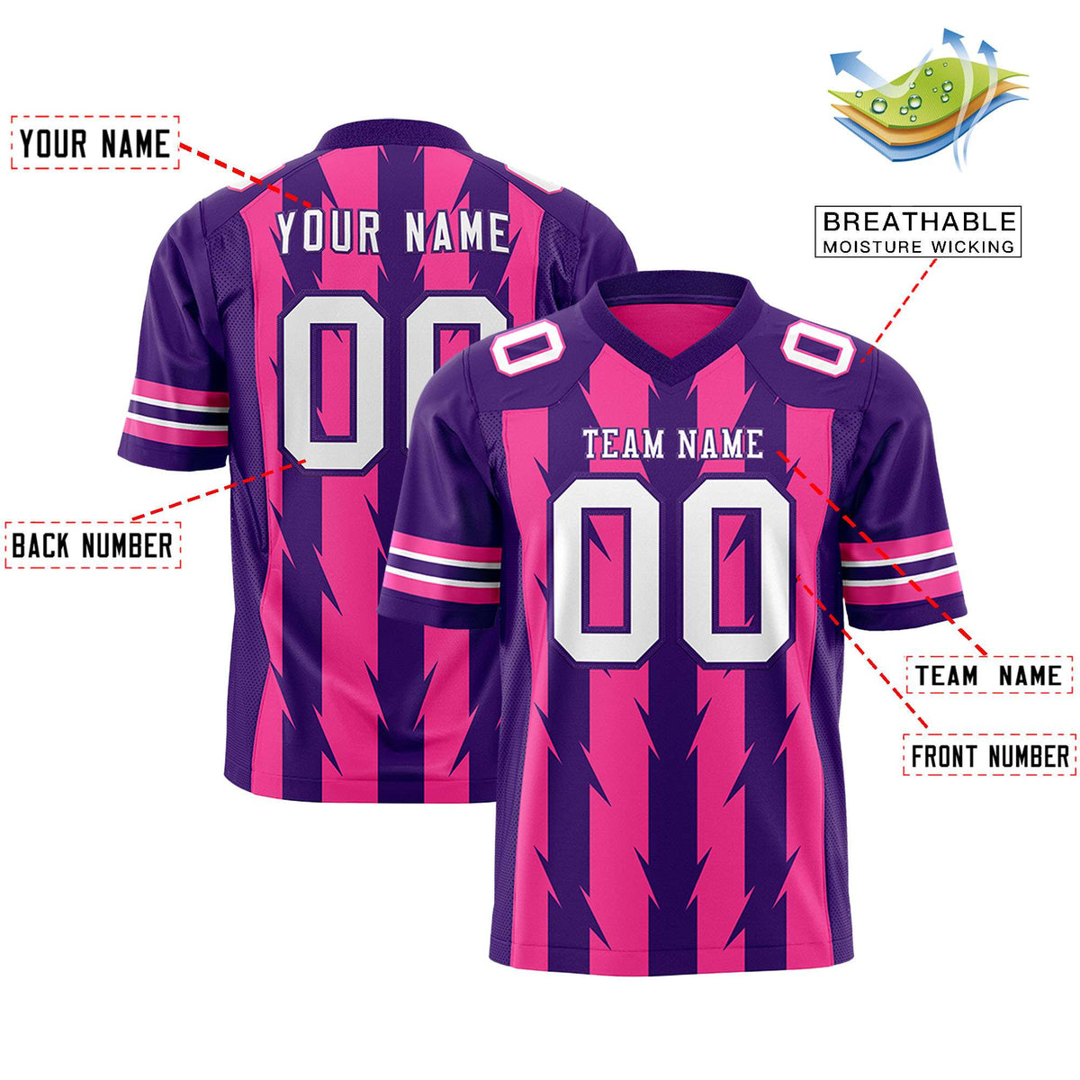Custom Pink Purple Personalized Razr Stripe Graffiti Pattern Authentic American Football Jersey