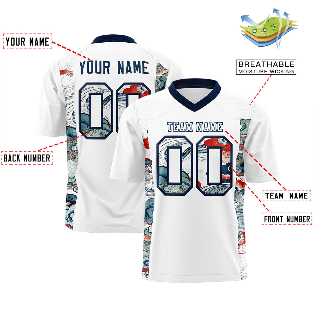 Custom White Navy Ukiyo-e Auspicious Clouds Graffiti Pattern Football Jersey | For Men,For Women | KXKSHOP