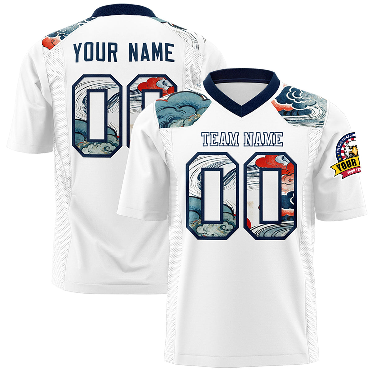 Custom Navy White Ukiyo-e Auspicious Clouds Graffiti Pattern Football Jersey | For Men,For Women | KXKSHOP