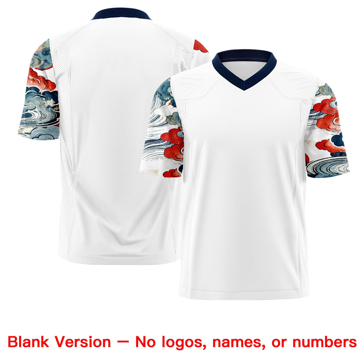 Custom White Navy Sleeve Ukiyo-e Auspicious Clouds Graffiti Pattern Football Jersey | For Men,For Women | KXKSHOP