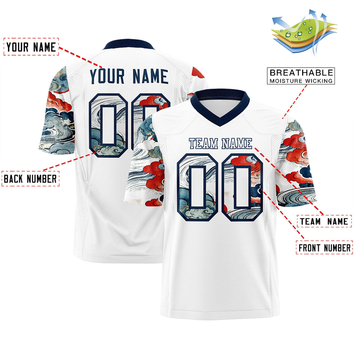 Custom White Navy Sleeve Ukiyo-e Auspicious Clouds Graffiti Pattern American Football Jersey | For Men,For Women | KXKSHOP