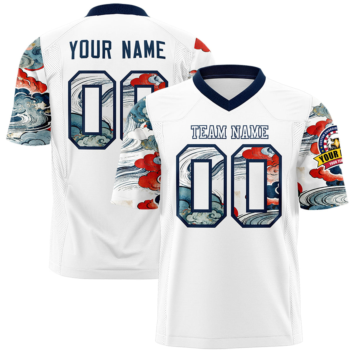 Custom White Navy Sleeve Ukiyo-e Auspicious Clouds Graffiti Pattern Football Jersey | For Men,For Women | KXKSHOP