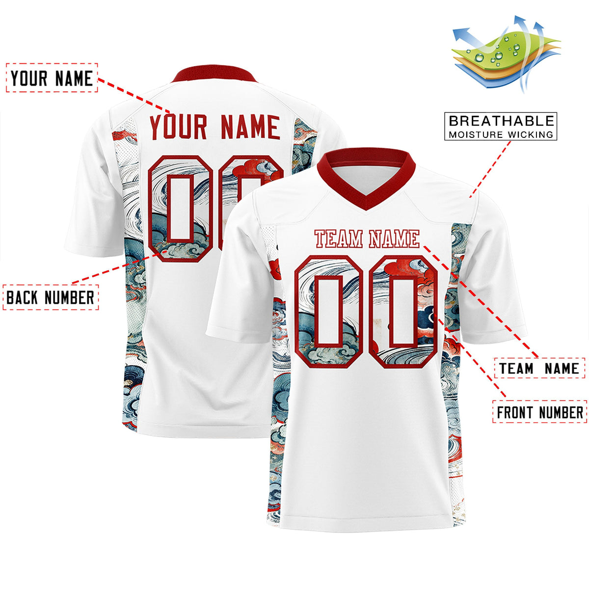 Custom White Red Ukiyo-e Auspicious Clouds Graffiti Pattern Football Jersey | For Men,For Women | KXKSHOP
