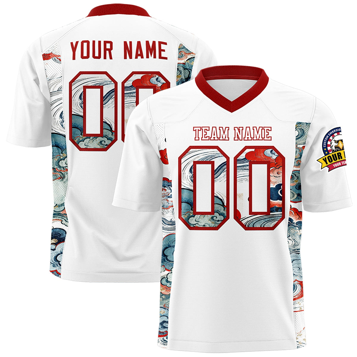 Custom White Red Ukiyo-e Auspicious Clouds Graffiti Pattern American Football Jersey | For Men,For Women | KXKSHOP