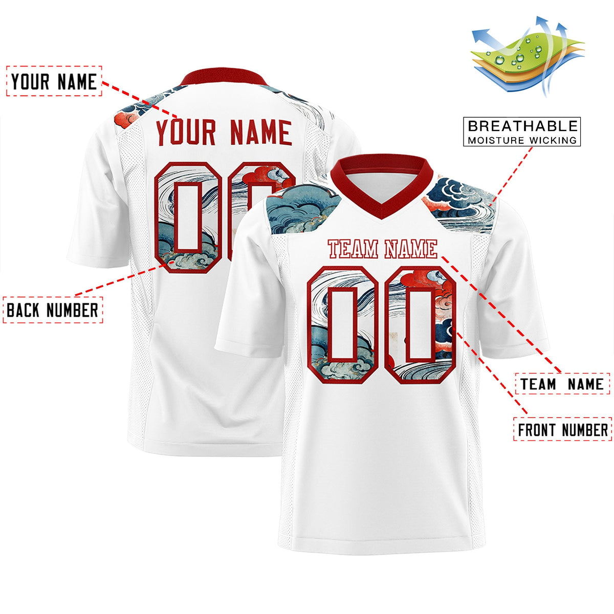 Custom Red White Ukiyo-e Auspicious Clouds Graffiti Pattern Football Jersey | For Men,For Women | KXKSHOP