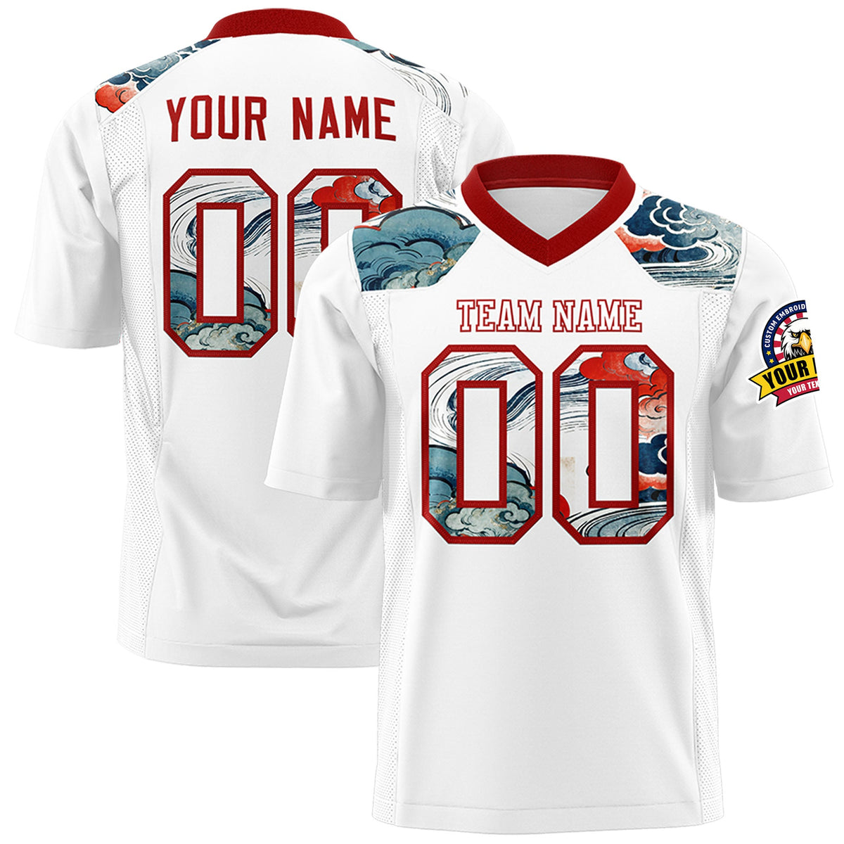 Custom Red White Ukiyo-e Auspicious Clouds Graffiti Pattern Football Jersey | For Men,For Women | KXKSHOP