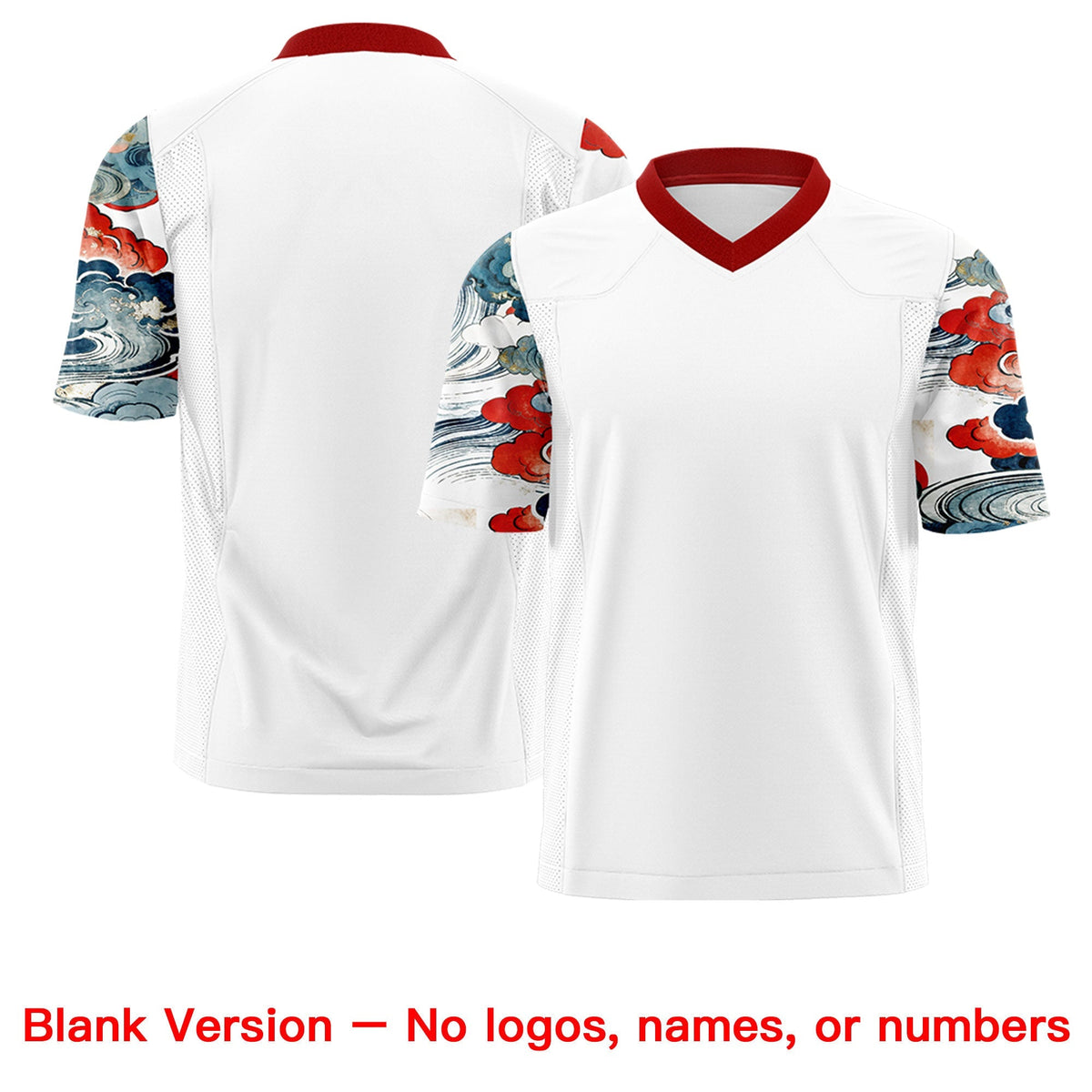 Custom White Red Sleeve Ukiyo-e Auspicious Clouds Graffiti Pattern American Football Jersey | For Men,For Women | KXKSHOP