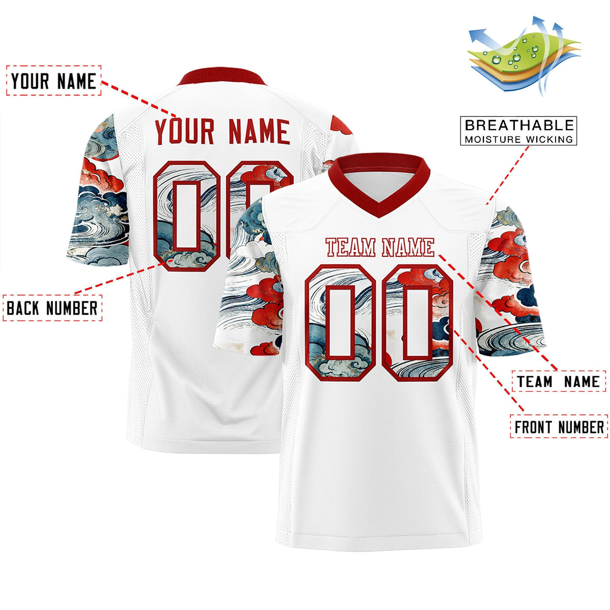 Custom White Red Sleeve Ukiyo-e Auspicious Clouds Graffiti Pattern American Football Jersey | For Men,For Women | KXKSHOP