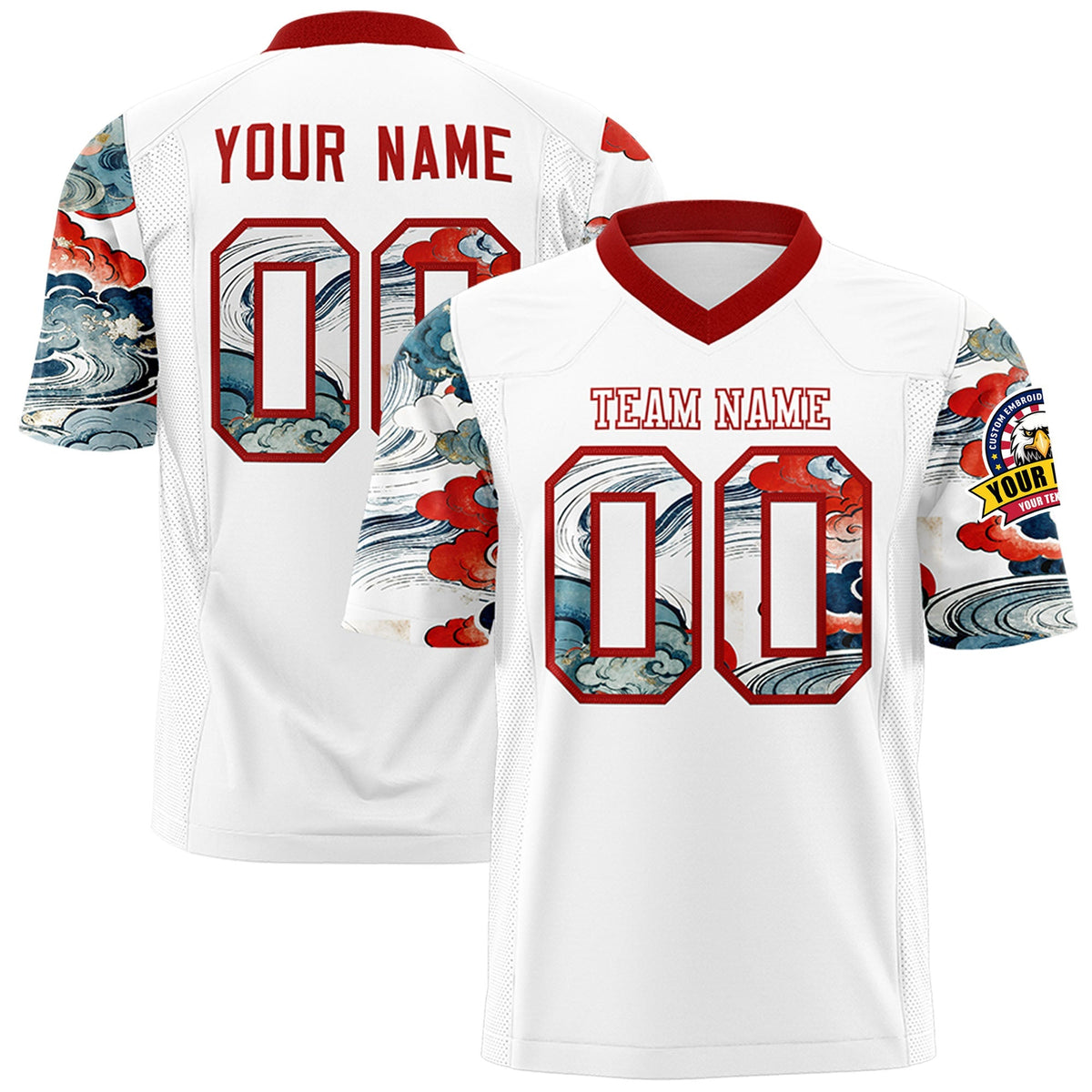 Custom White Red Sleeve Ukiyo-e Auspicious Clouds Graffiti Pattern American Football Jersey | For Men,For Women | KXKSHOP