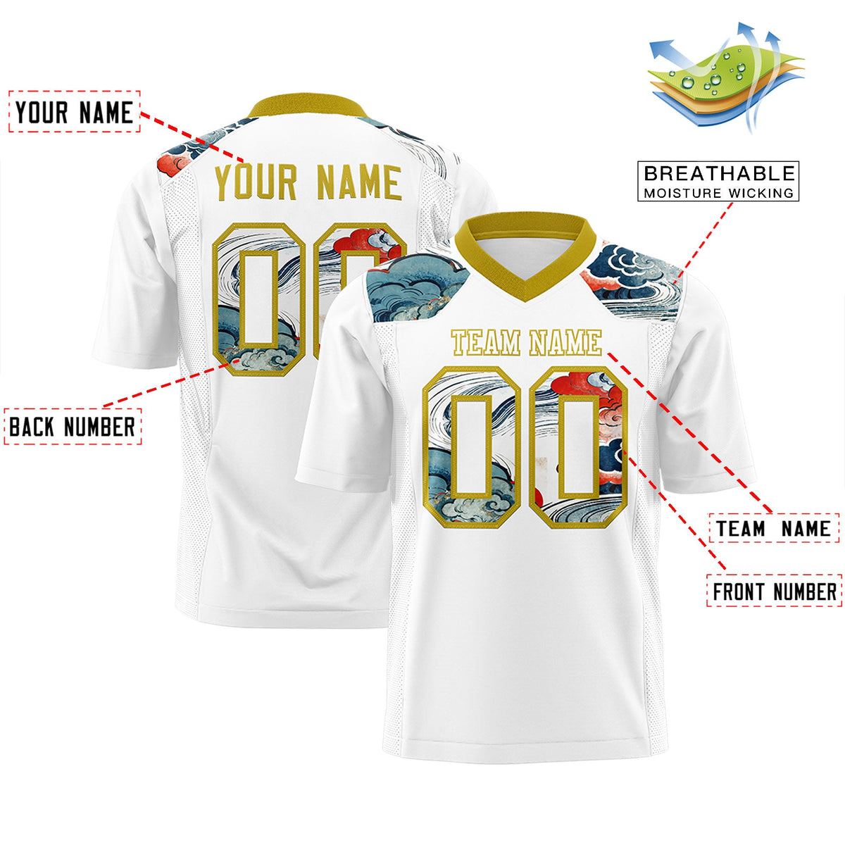 Custom Old Gold White Ukiyo-e Auspicious Clouds Graffiti Pattern Football Jersey | For Men,For Women | KXKSHOP