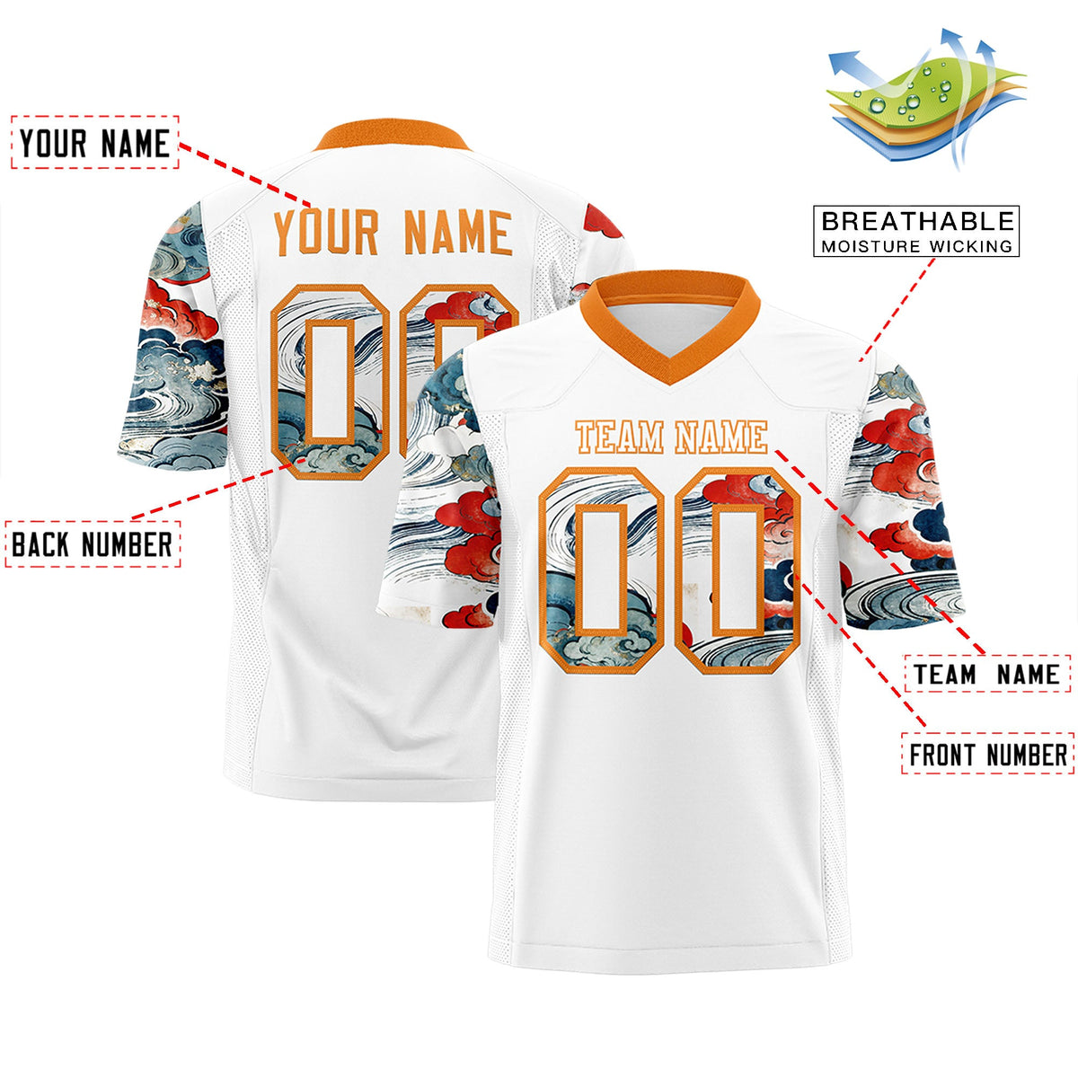 Custom White Orange Sleeve Ukiyo-e Auspicious Clouds Graffiti Pattern Football Jersey | For Men,For Women | KXKSHOP
