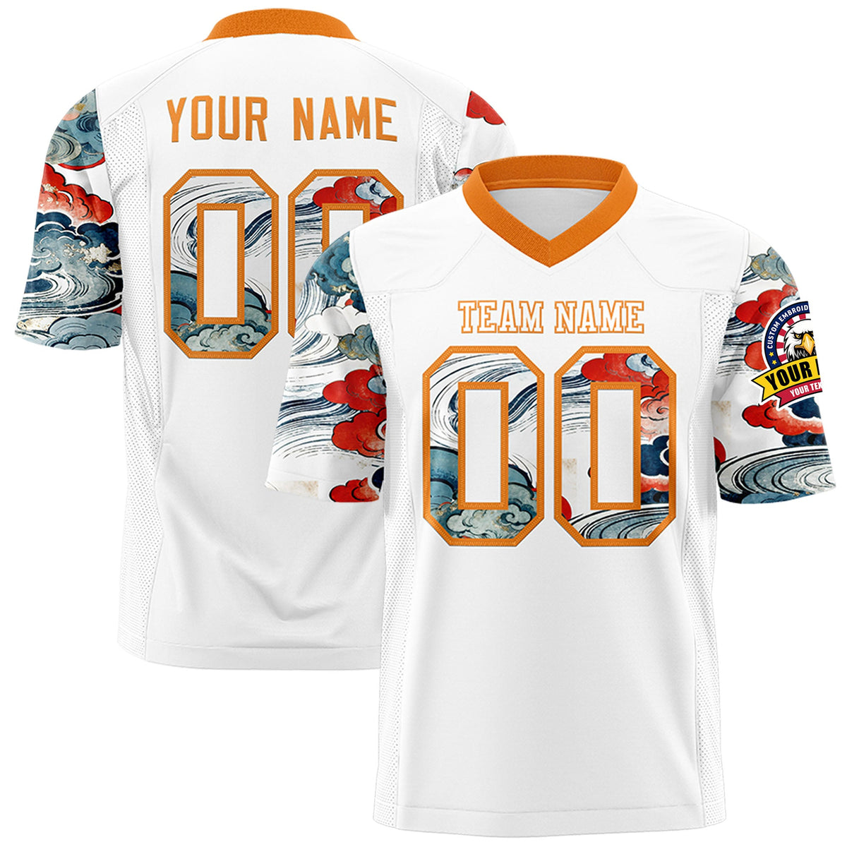 Custom White Orange Sleeve Ukiyo-e Auspicious Clouds Graffiti Pattern Football Jersey | For Men,For Women | KXKSHOP