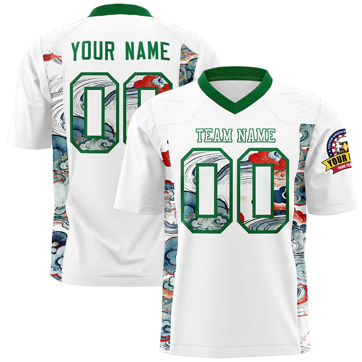Custom White Kelly Green Ukiyo-e Auspicious Clouds Graffiti Pattern Football Jersey | For Men,For Women | KXKSHOP