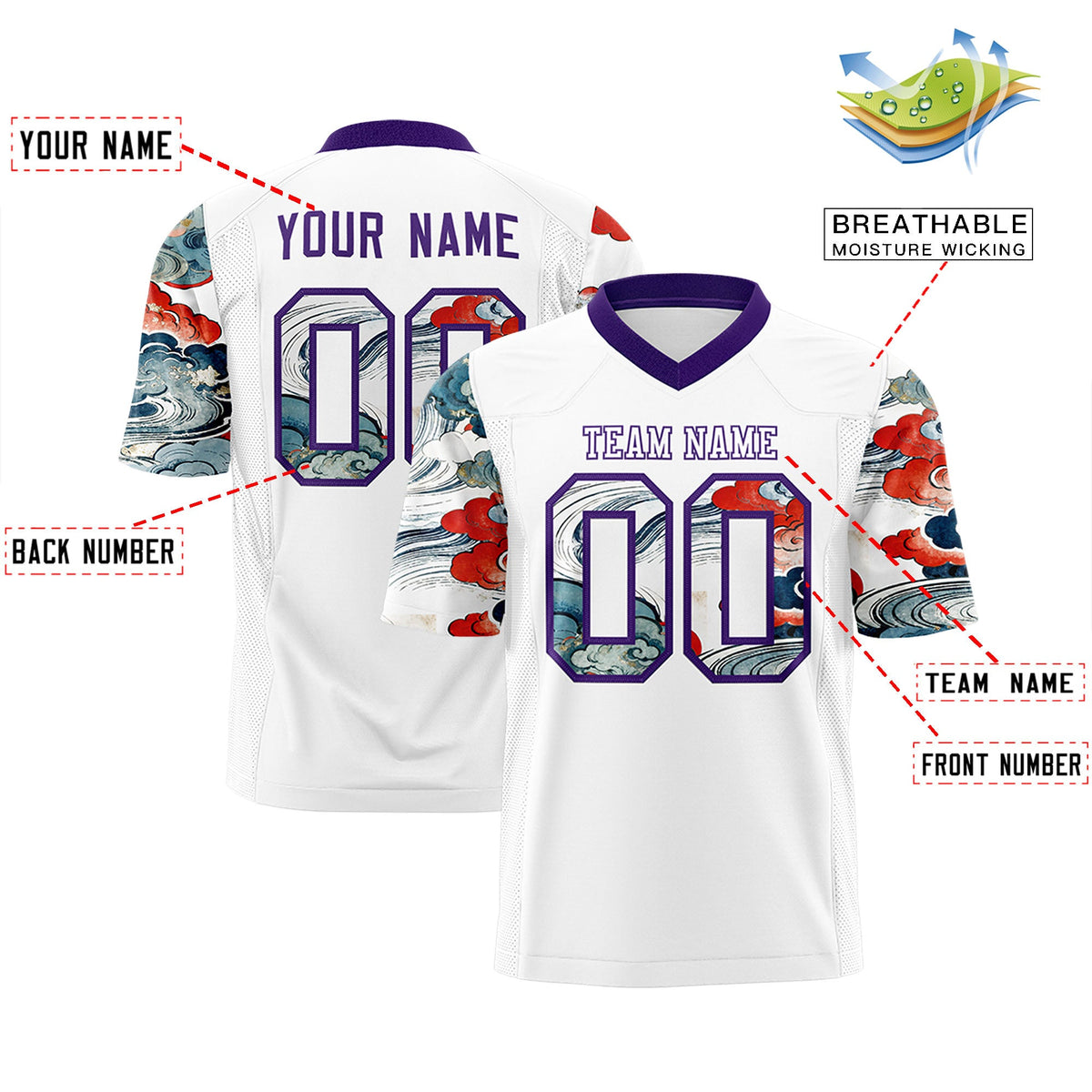 Custom White Purple Sleeve Ukiyo-e Auspicious Clouds Graffiti Pattern Football Jersey | For Men,For Women | KXKSHOP
