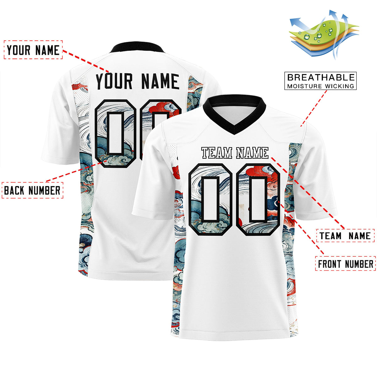 Custom White Black Ukiyo-e Auspicious Clouds Graffiti Pattern Football Jersey | For Men,For Women | KXKSHOP