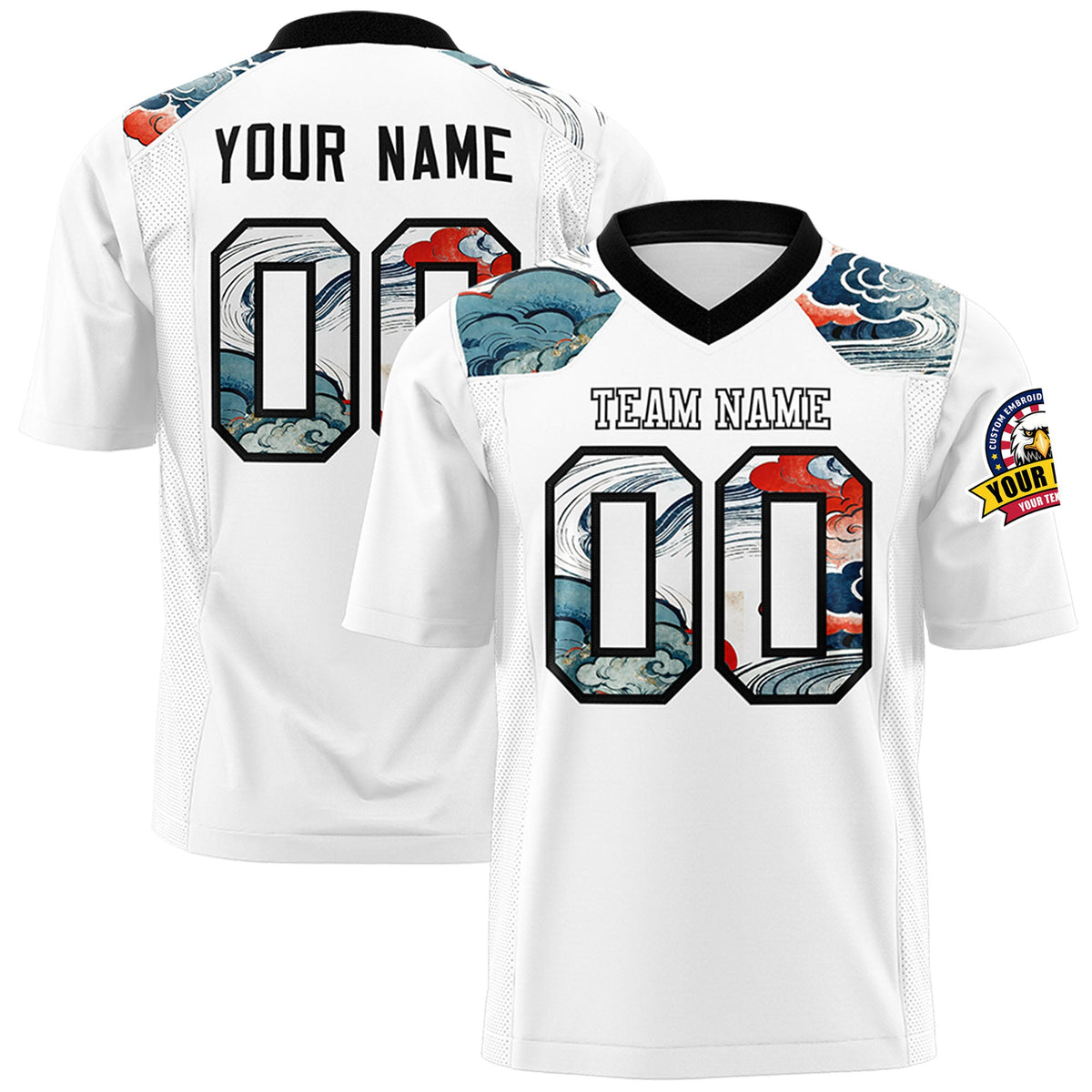 Custom Black White Ukiyo-e Auspicious Clouds Graffiti Pattern Football Jersey | For Men,For Women | KXKSHOP