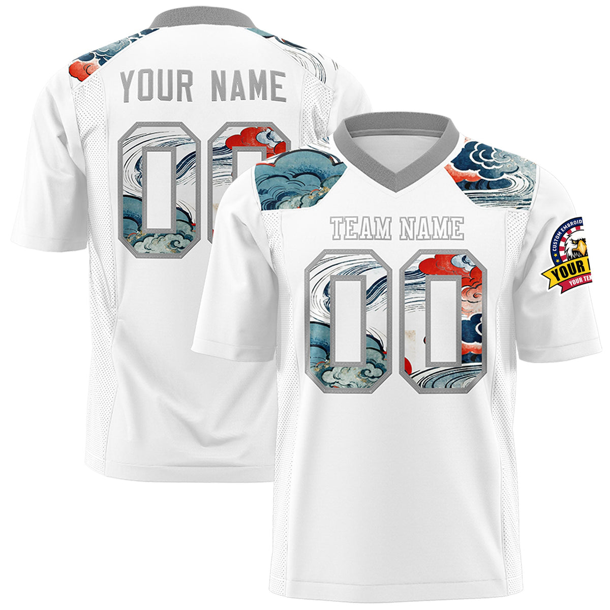 Custom Gray White Ukiyo-e Auspicious Clouds Graffiti Pattern Football Jersey | For Men,For Women | KXKSHOP