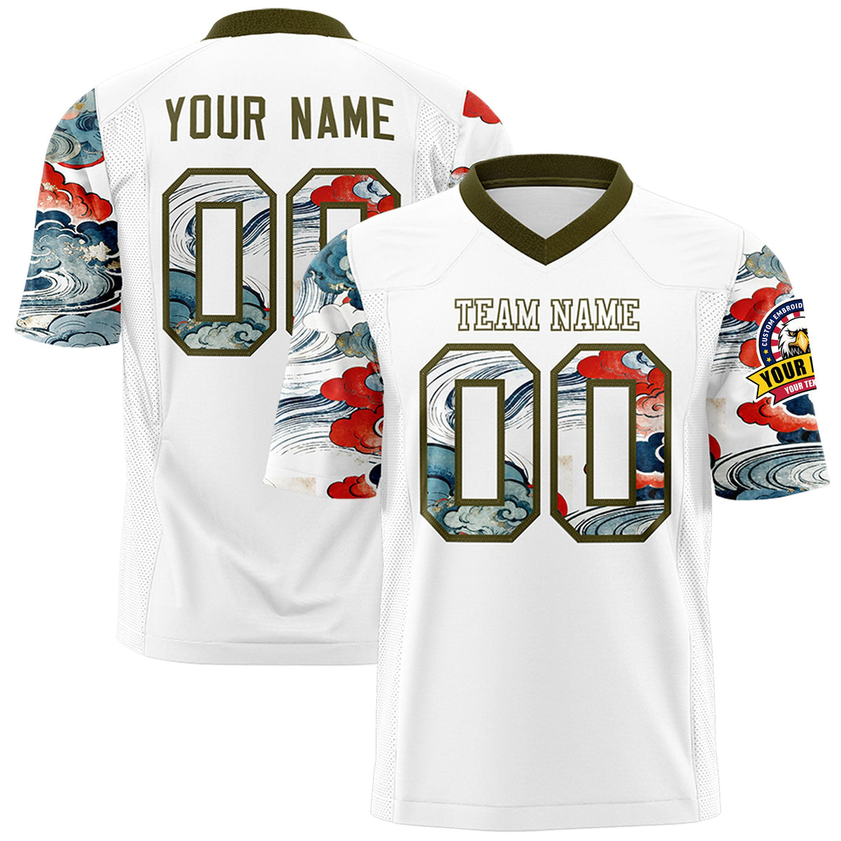 Custom White Olive Sleeve Ukiyo-e Auspicious Clouds Graffiti Pattern Football Jersey | For Men,For Women | KXKSHOP