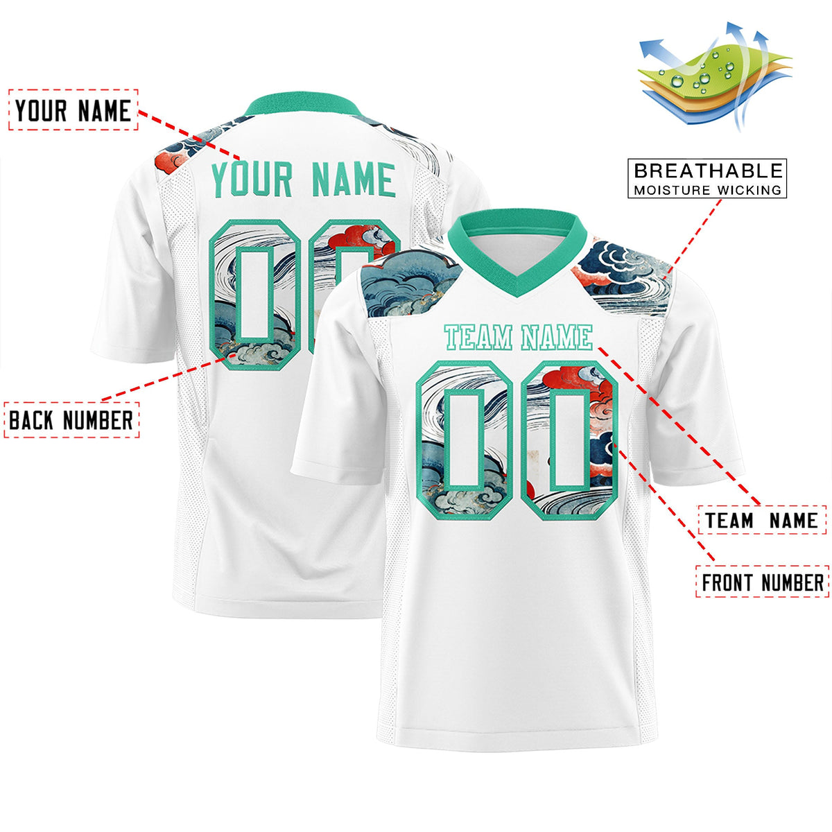 Custom Bright Green White Ukiyo-e Auspicious Clouds Graffiti Pattern Football Jersey | For Men,For Women | KXKSHOP