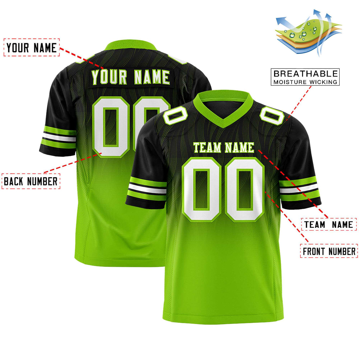 Custom Black and Neon Green Gradient Fashion Outdoor Authentic Football Jersey