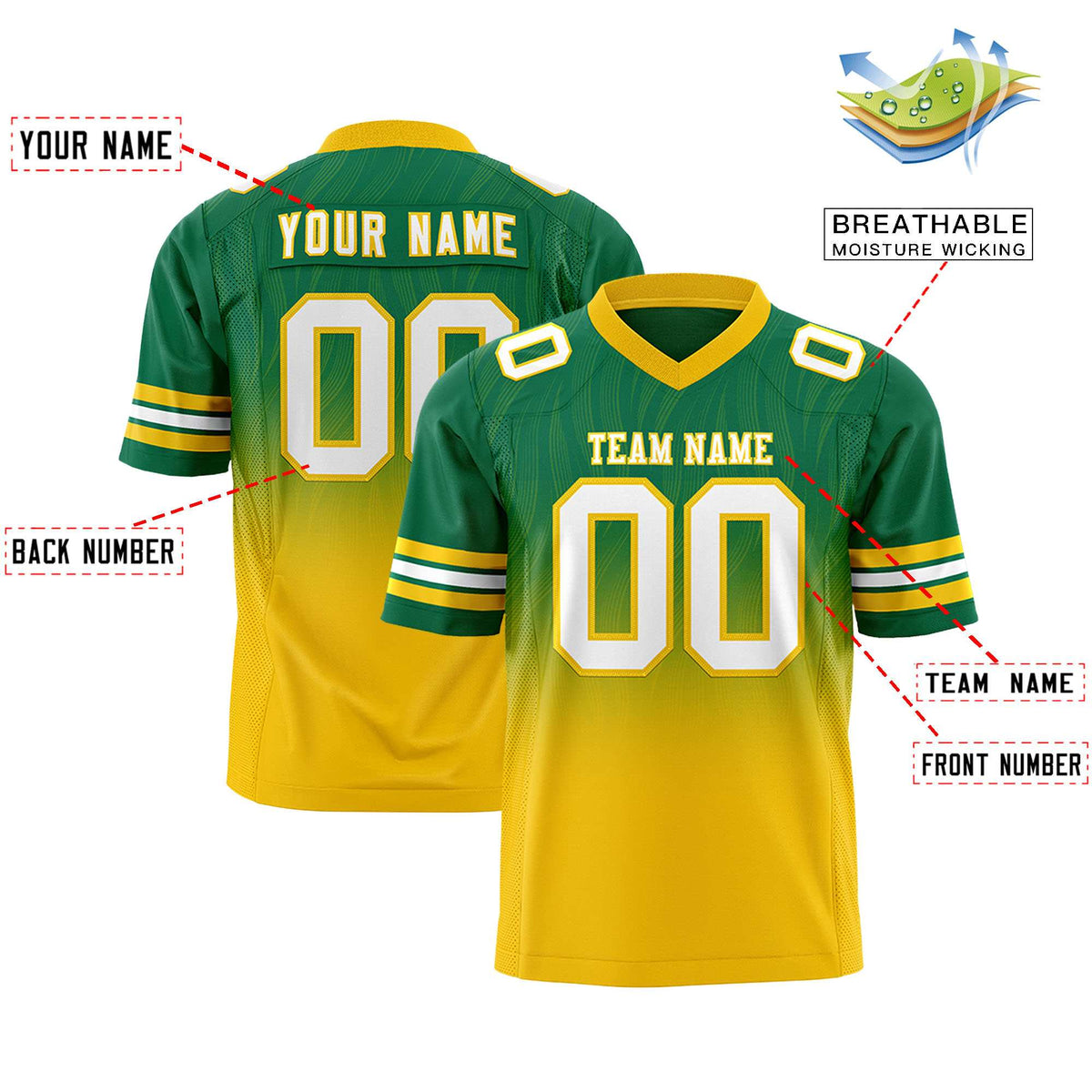 Custom Kelly Green and Gold Gradient Fashion Outdoor Authentic Football Jersey