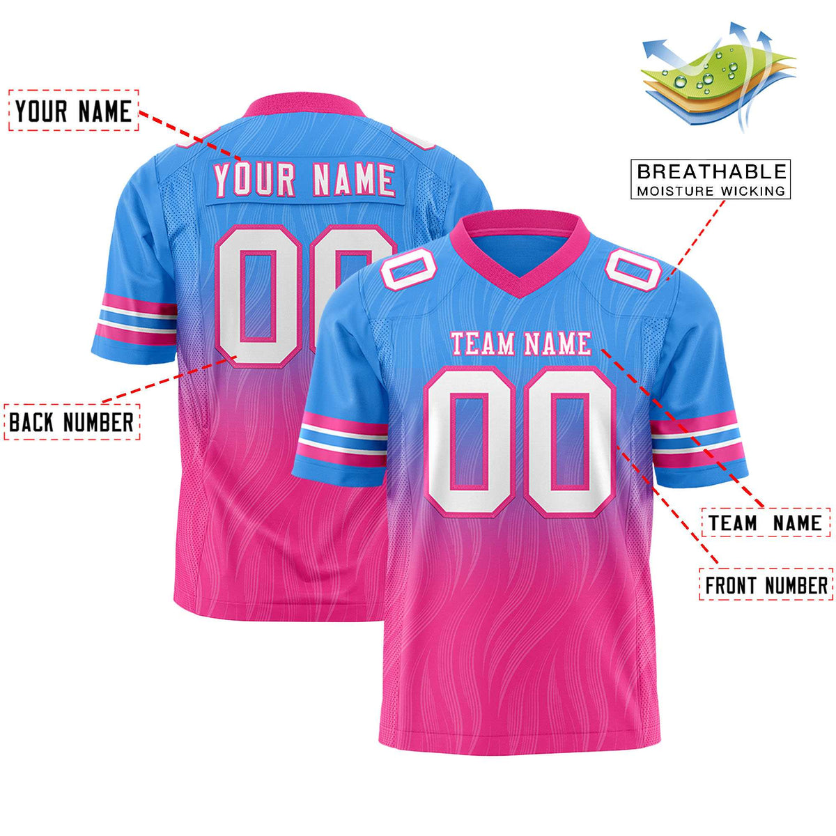 Custom Powder Blue and Pink Gradient Fashion Outdoor Authentic Football Jersey
