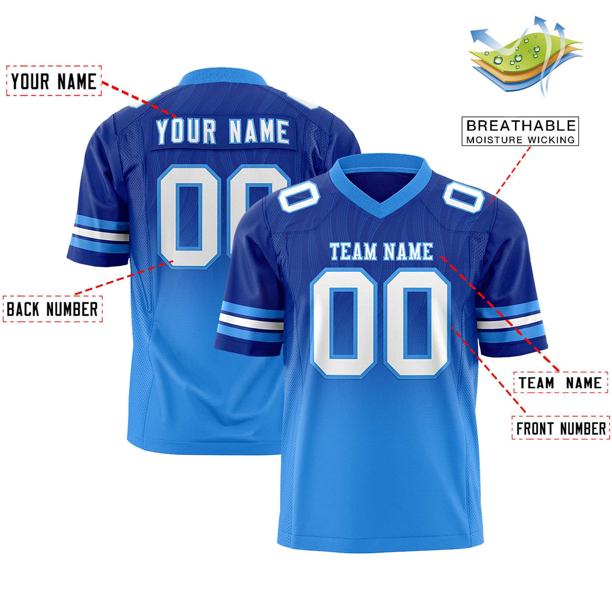 Custom Royal and Powder Blue Gradient Fashion Outdoor Authentic Football Jersey