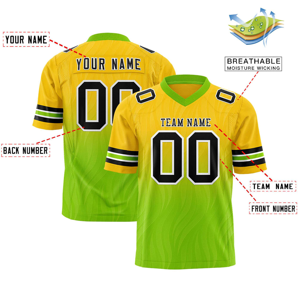 Custom Gold and Neon Green Gradient Fashion Outdoor Authentic Football Jersey