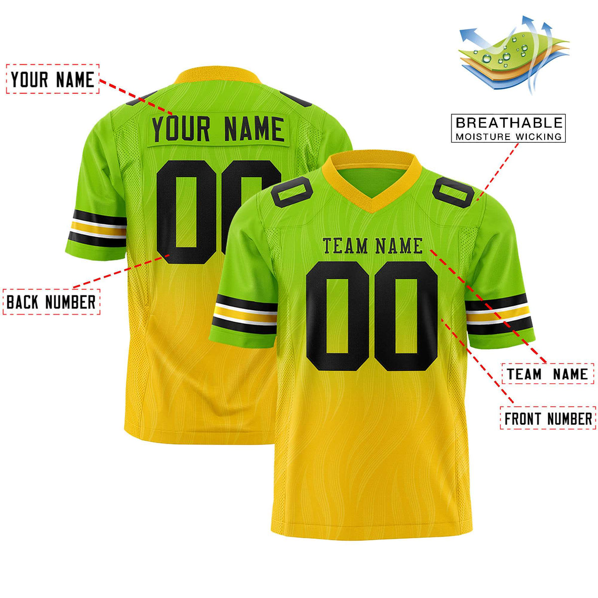 Custom Neon Green and Gold Gradient Fashion Outdoor Authentic Football Jersey