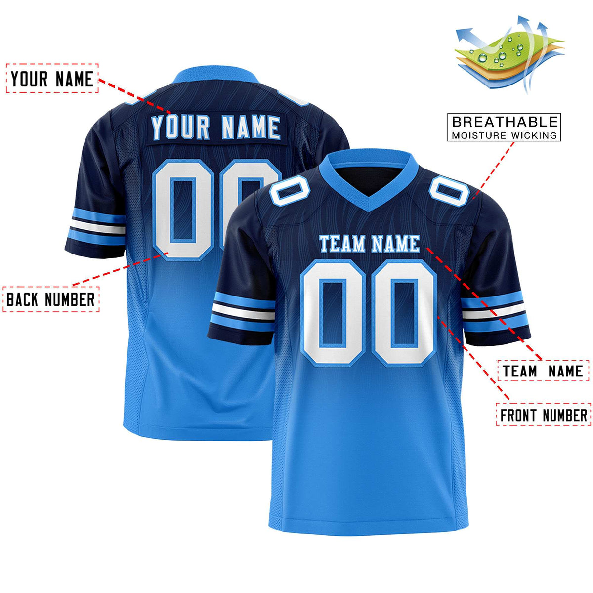 Custom Navy and Powder Blue Gradient Fashion Outdoor Authentic Football Jersey