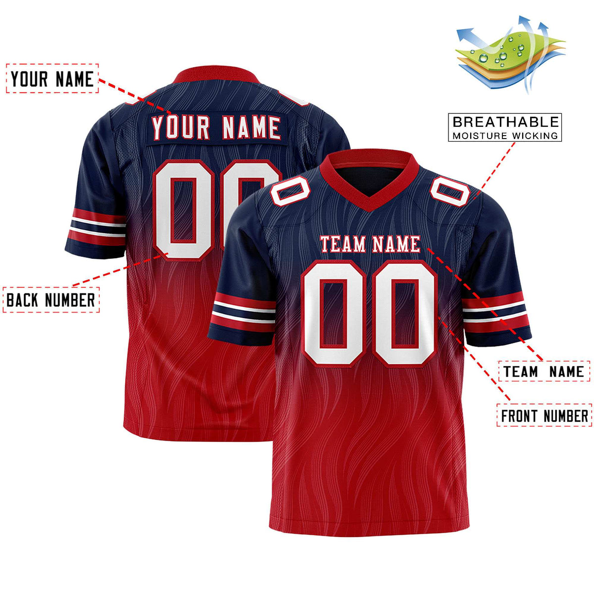 Custom Navy and Red Gradient Fashion Outdoor Authentic Football Jersey