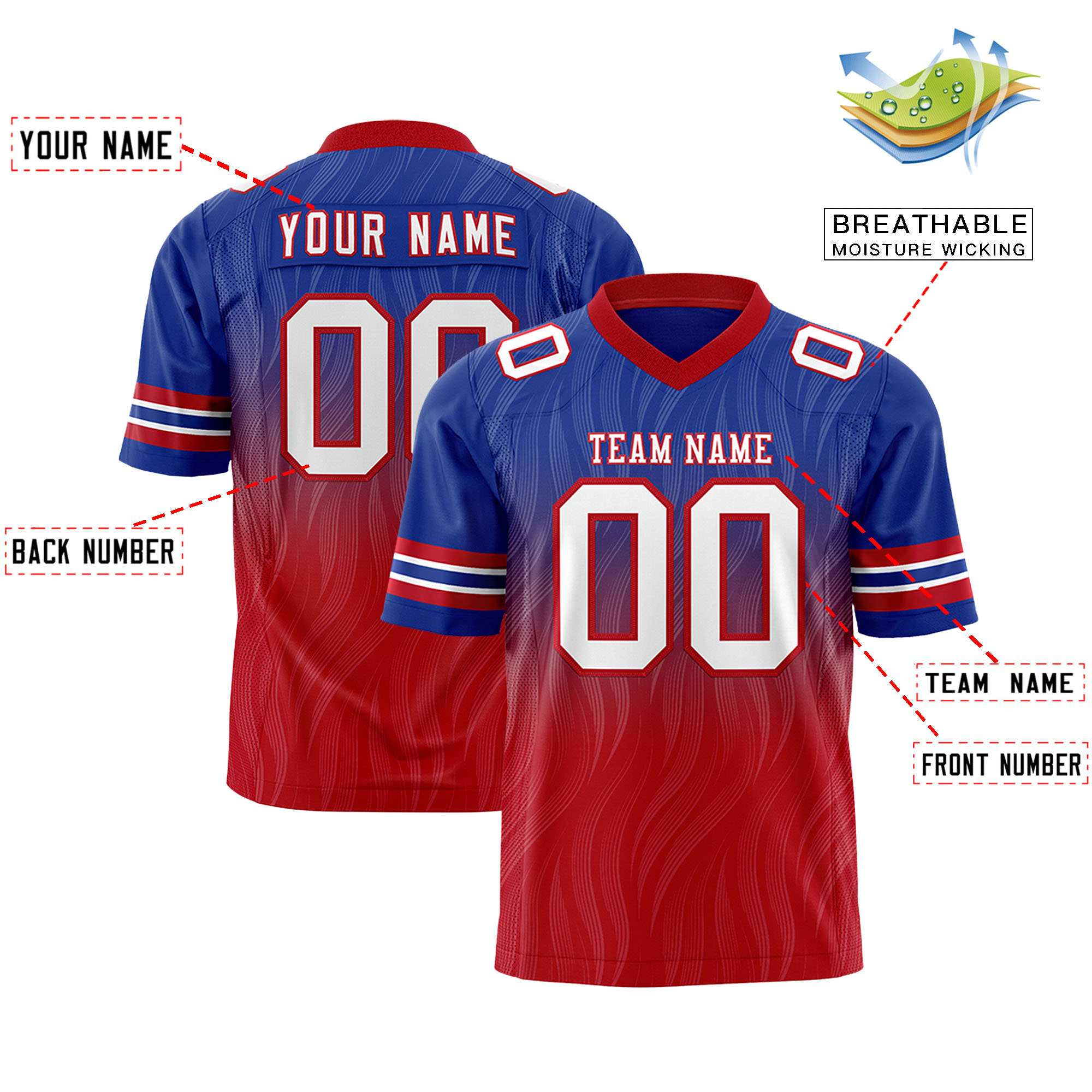 Custom Royal and Red Gradient Fashion Outdoor Authentic Football Jersey