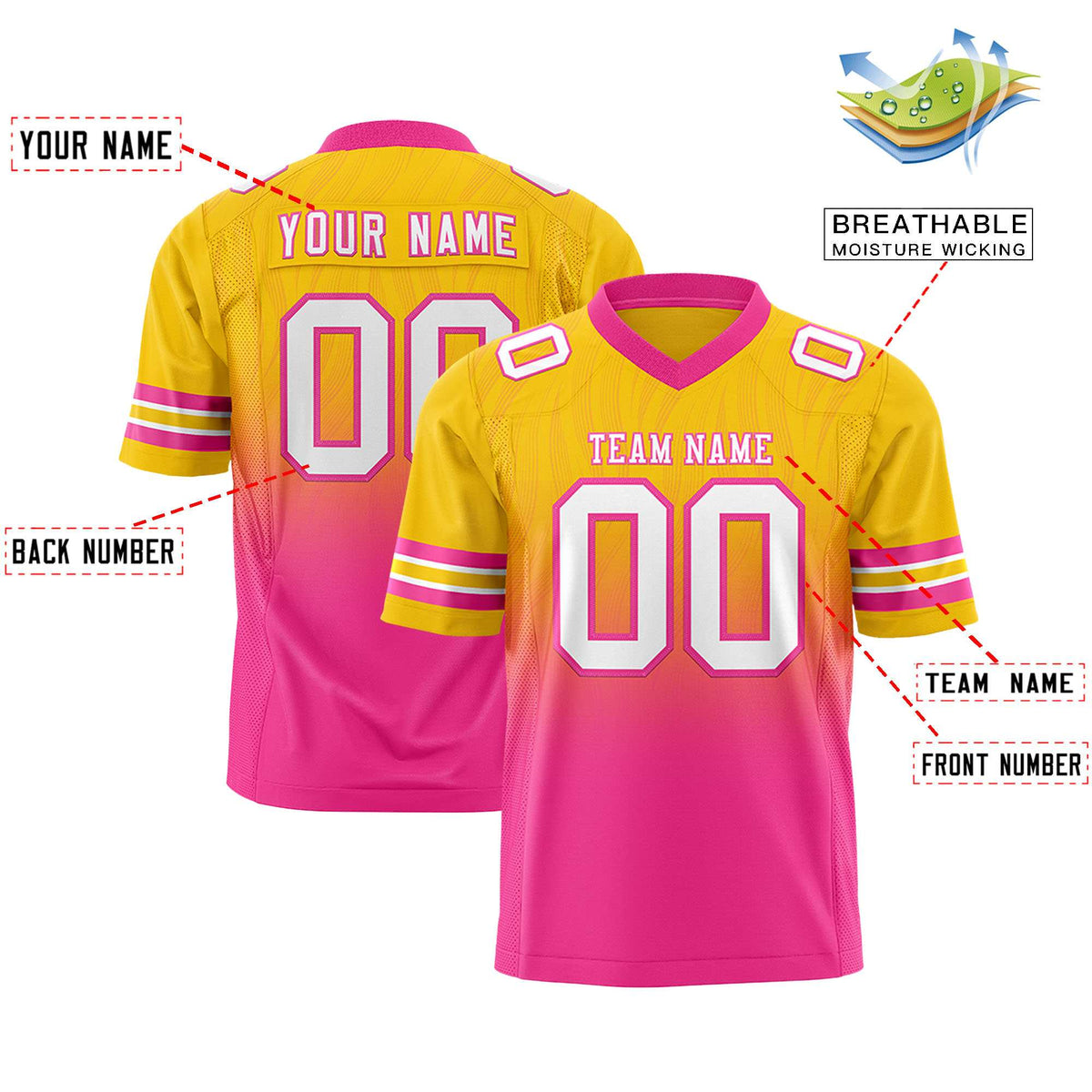 Custom Gold and Pink Gradient Fashion Outdoor Authentic Football Jersey