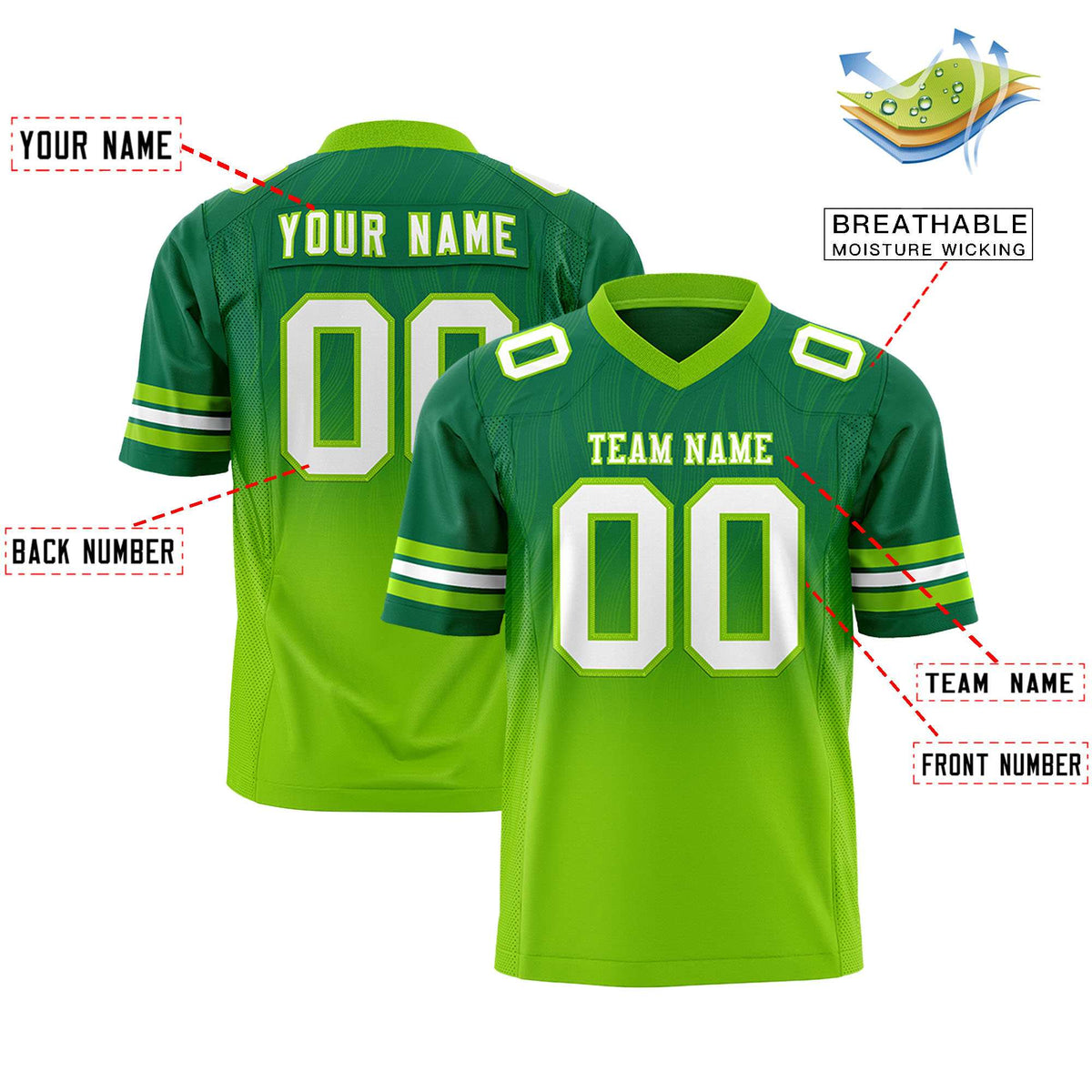 Custom Kelly Green and Neon Green Gradient Fashion Outdoor Authentic Football Jersey