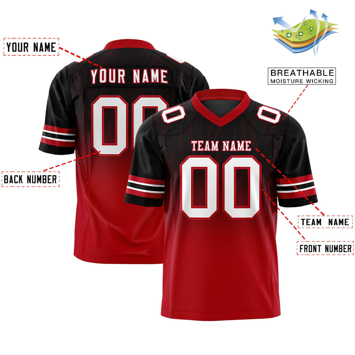 Custom Black and Red Gradient Fashion Outdoor Authentic Football Jersey