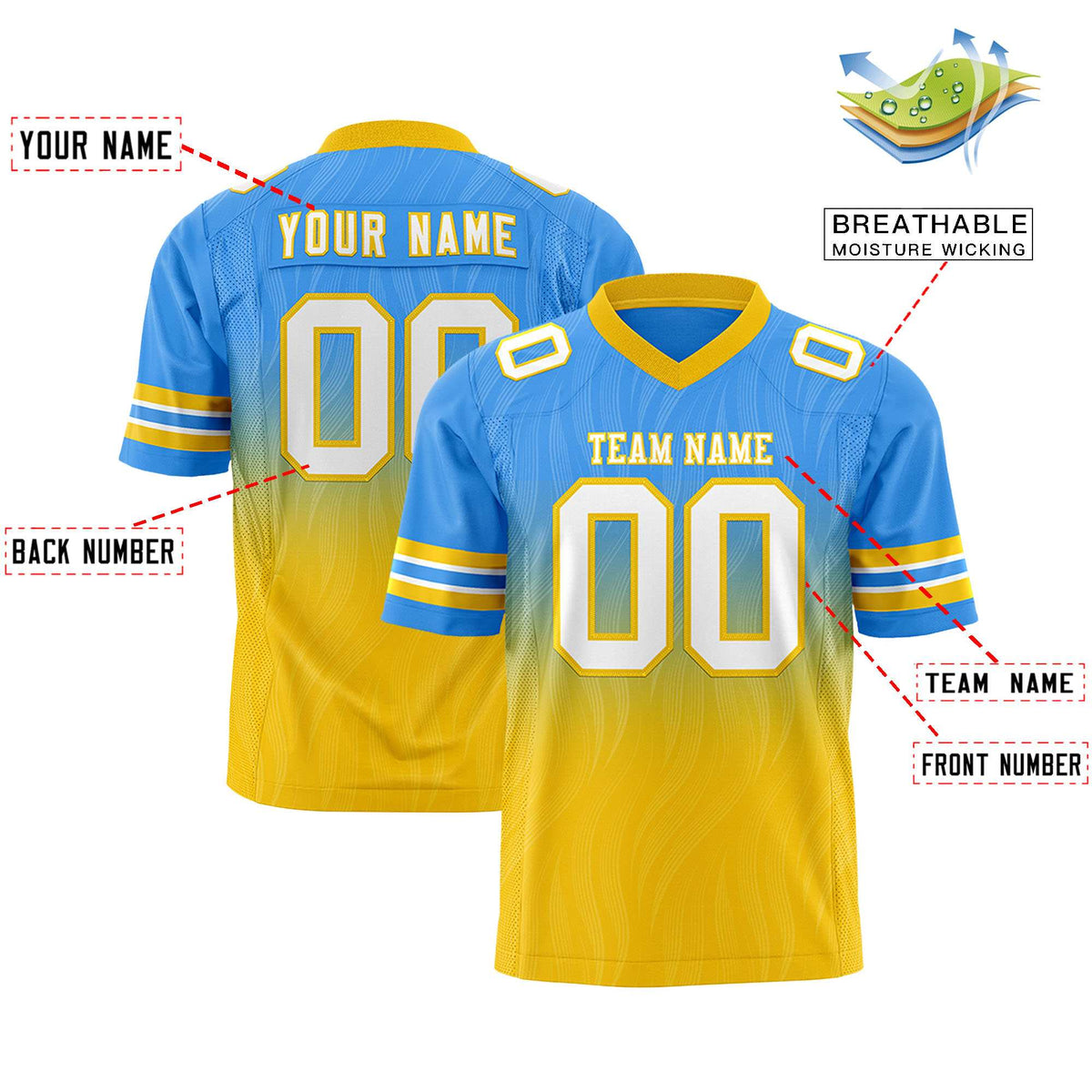 Custom Powder Blue and Gold Gradient Fashion Outdoor Authentic Football Jersey