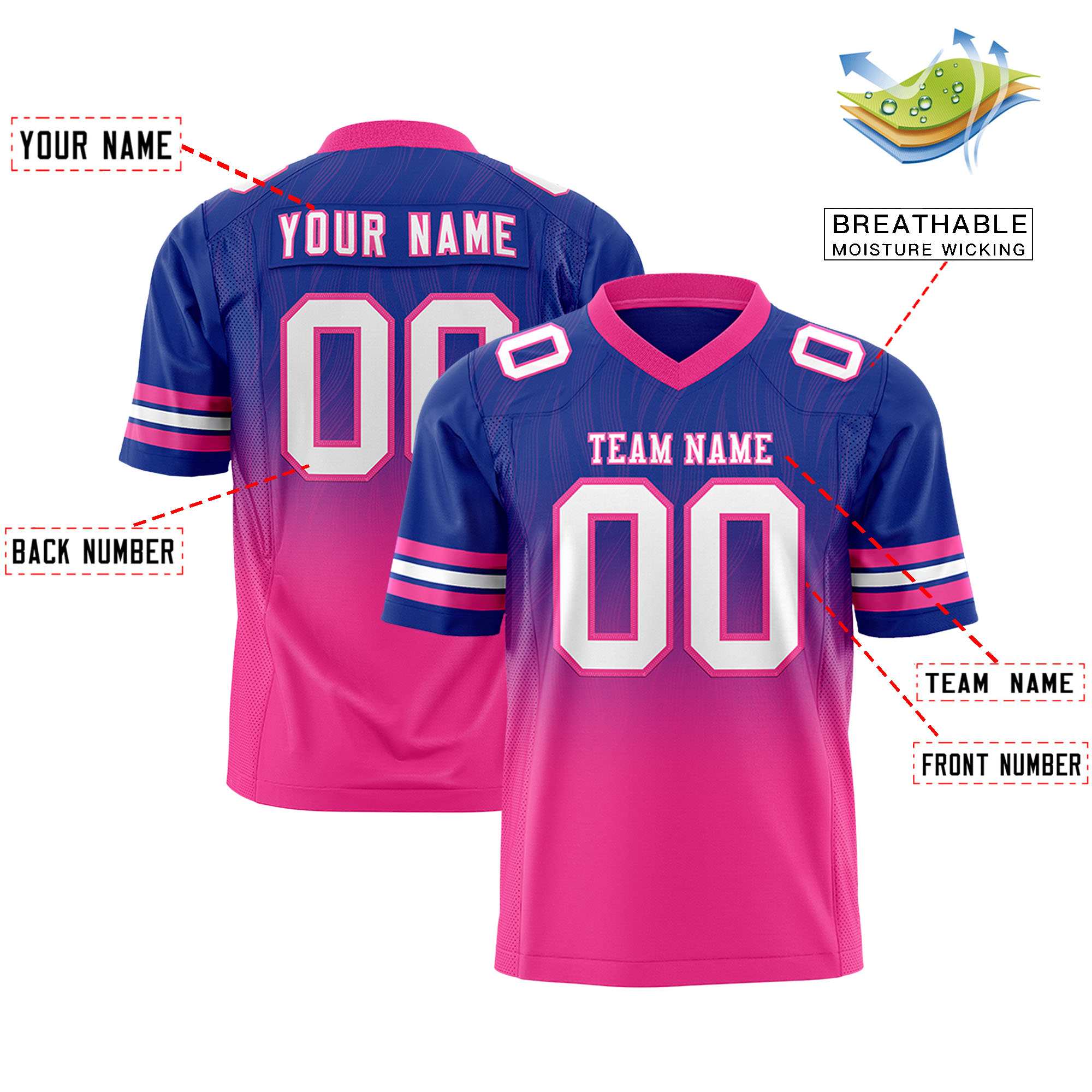 Custom Royal and Pink Gradient Fashion Outdoor Authentic Football Jersey