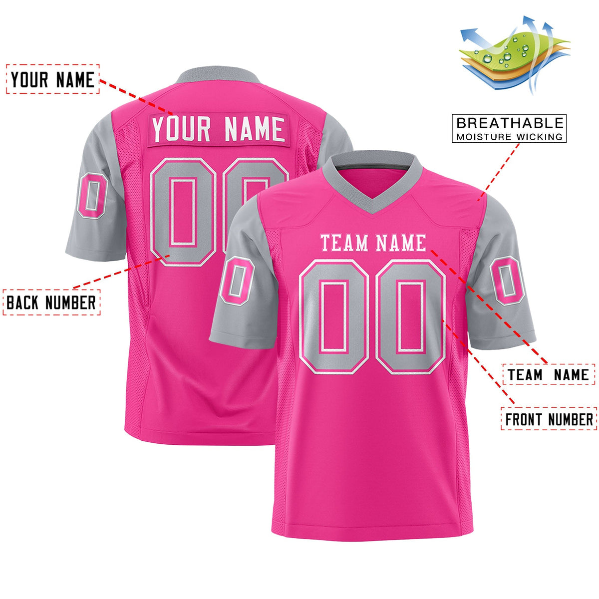 Custom Pink Gray Personalized Raglan Sleeves Design Authentic Football Jersey