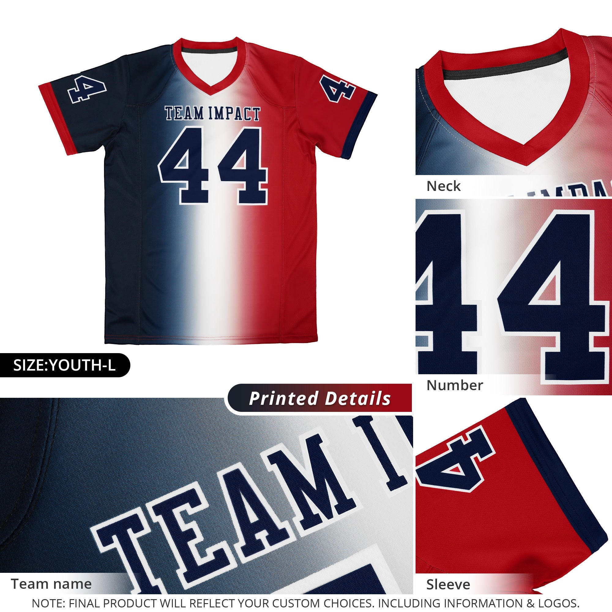 Maillot de football américain personnalisé bleu marine, blanc et rouge, dégradé tendance