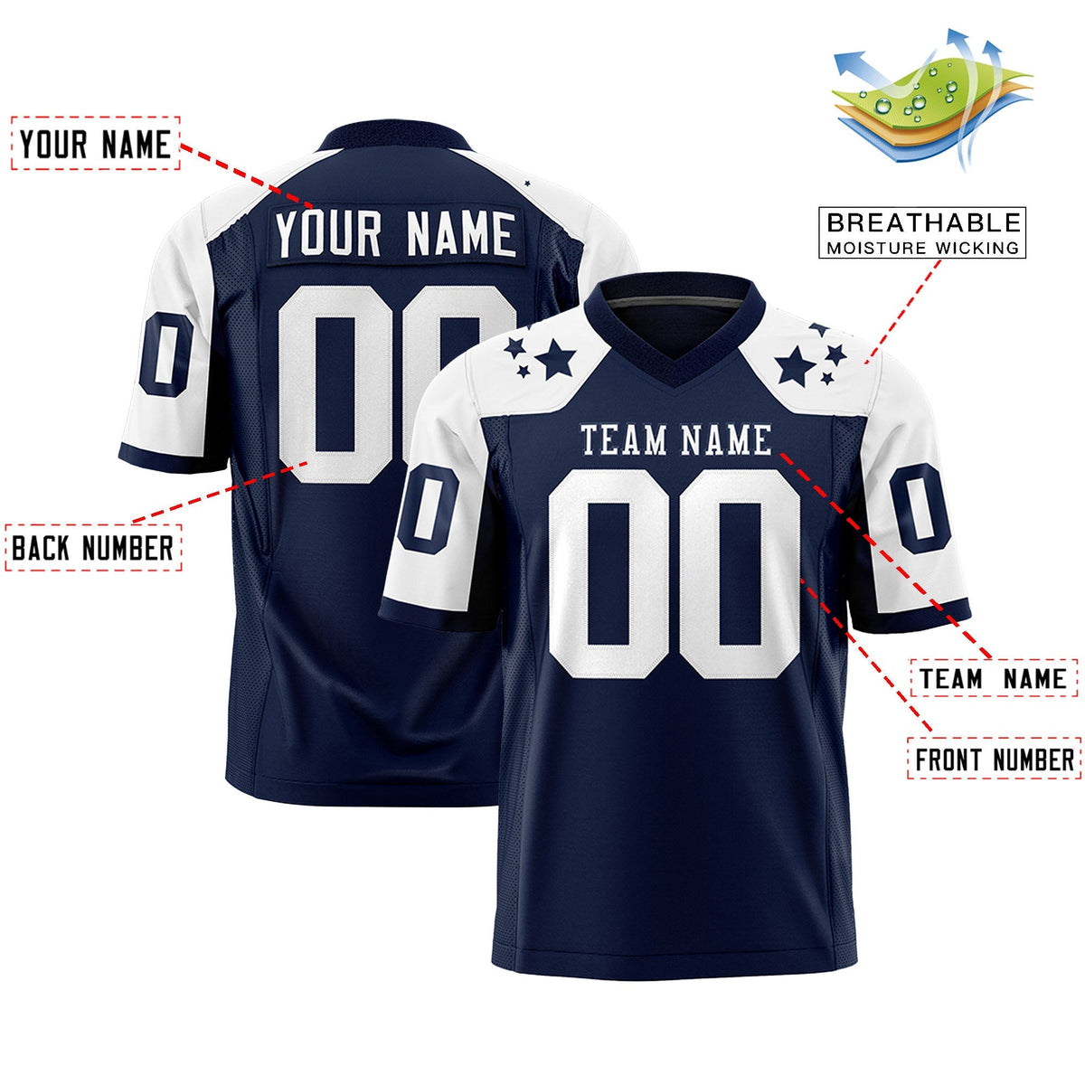 Custom Navy White Personalized Shoulder Star Pattern American Football Jersey