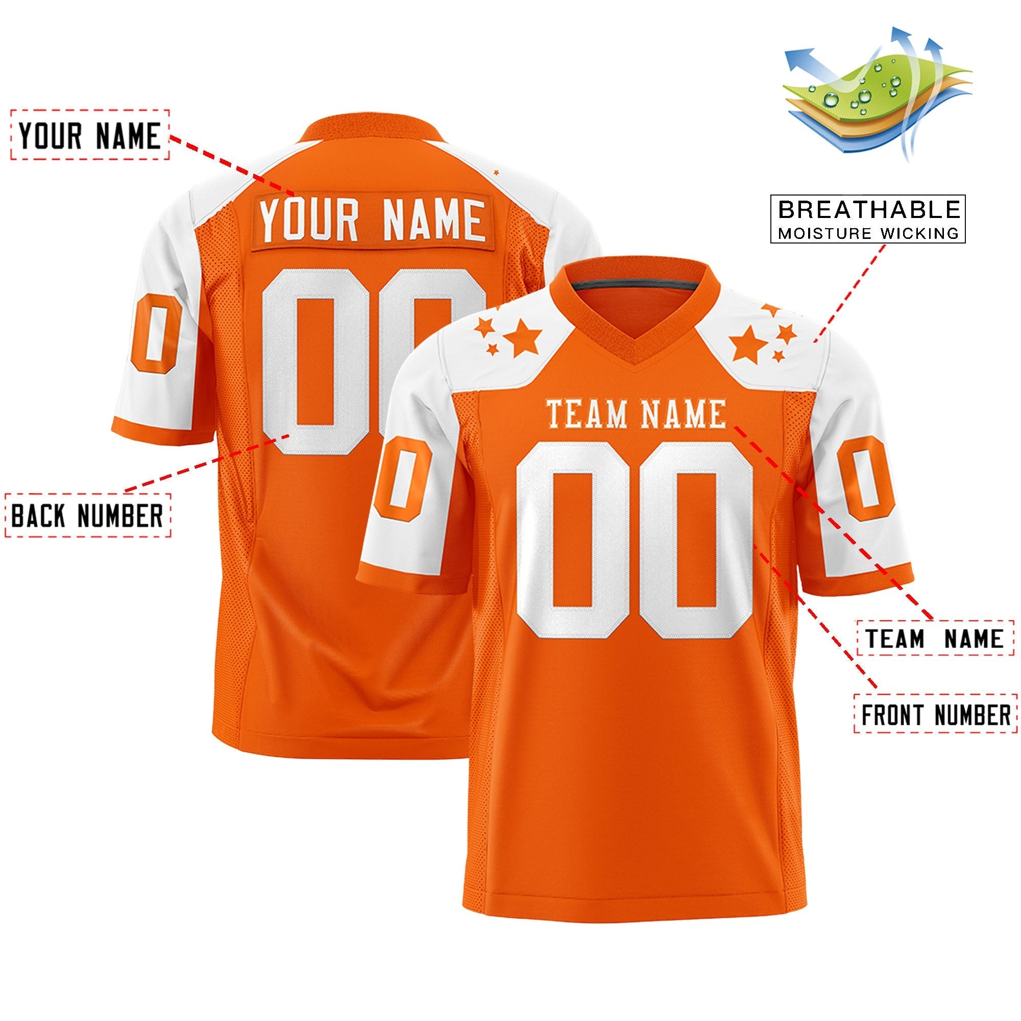 Benutzerdefinierte Orange Weiß Personalisierte Schulter Stern Muster American Football Jersey