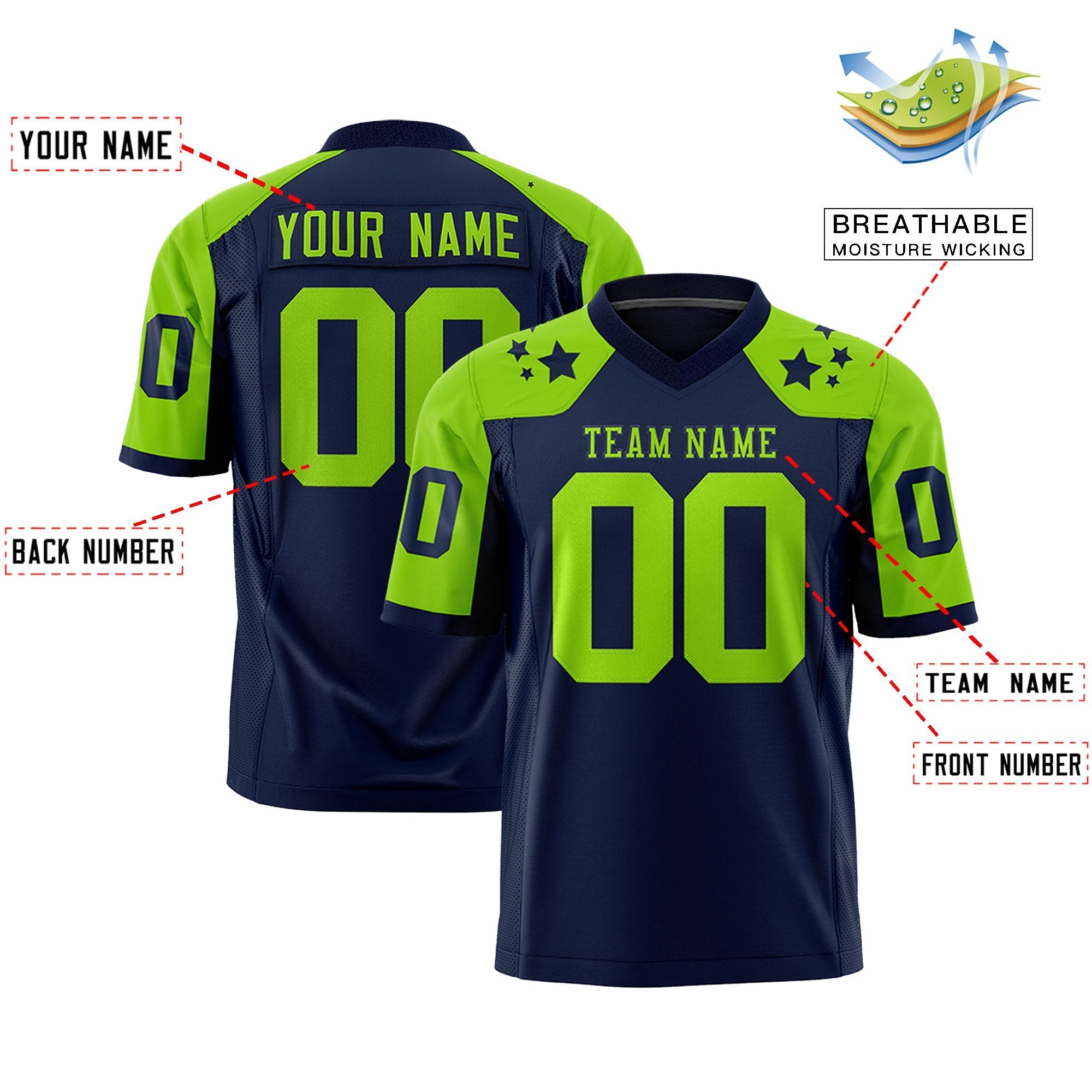Maillot de football américain personnalisé bleu marine vert fluo avec motif étoile sur les épaules