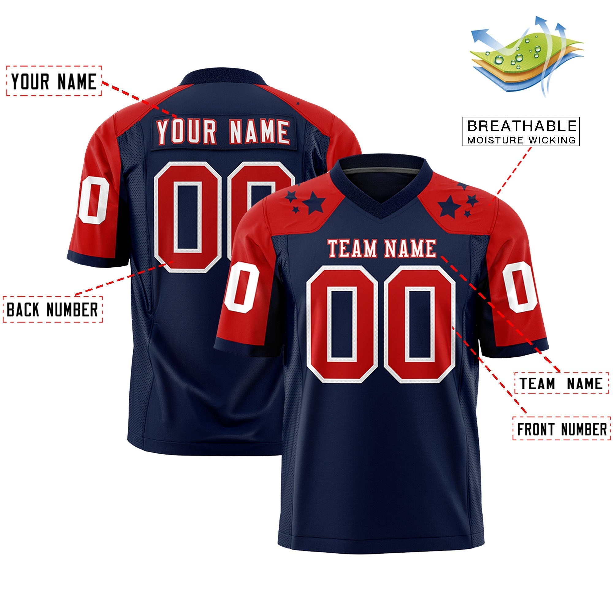 Benutzerdefinierte Marineblau Rot Personalisierte Schulter Stern Muster American Football Trikot